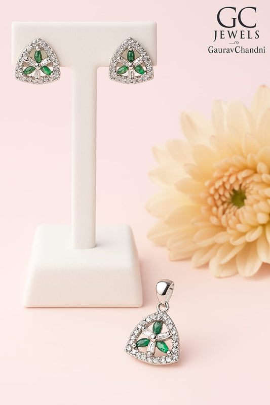 "92.5 Sterling Silver Pendant Set with Green Stone & CZ | Designer Stud Earrings & Pendant for Women by GC Jewels"