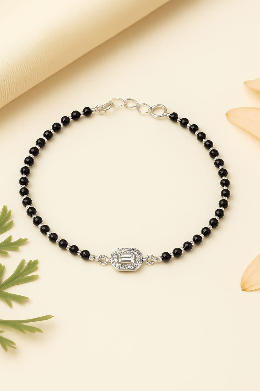 "92.5 Sterling Silver Mangalsutra Bracelet for Women | Black Beads & CZ Diamond Centerpiece | Daily Wear Adjustable Bracelet"