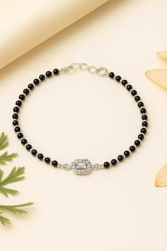 "92.5 Sterling Silver Mangalsutra Bracelet for Women | Black Beads & CZ Diamond Centerpiece | Daily Wear Adjustable Bracelet"